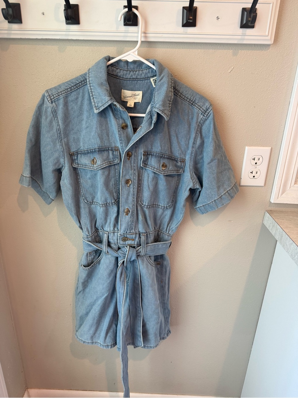 Universal Thread Light Wash Denim Short Romper with Tie Belt